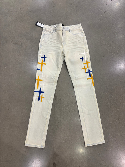 Preowned RTA Jeans Light Wash with Blue/Yellow