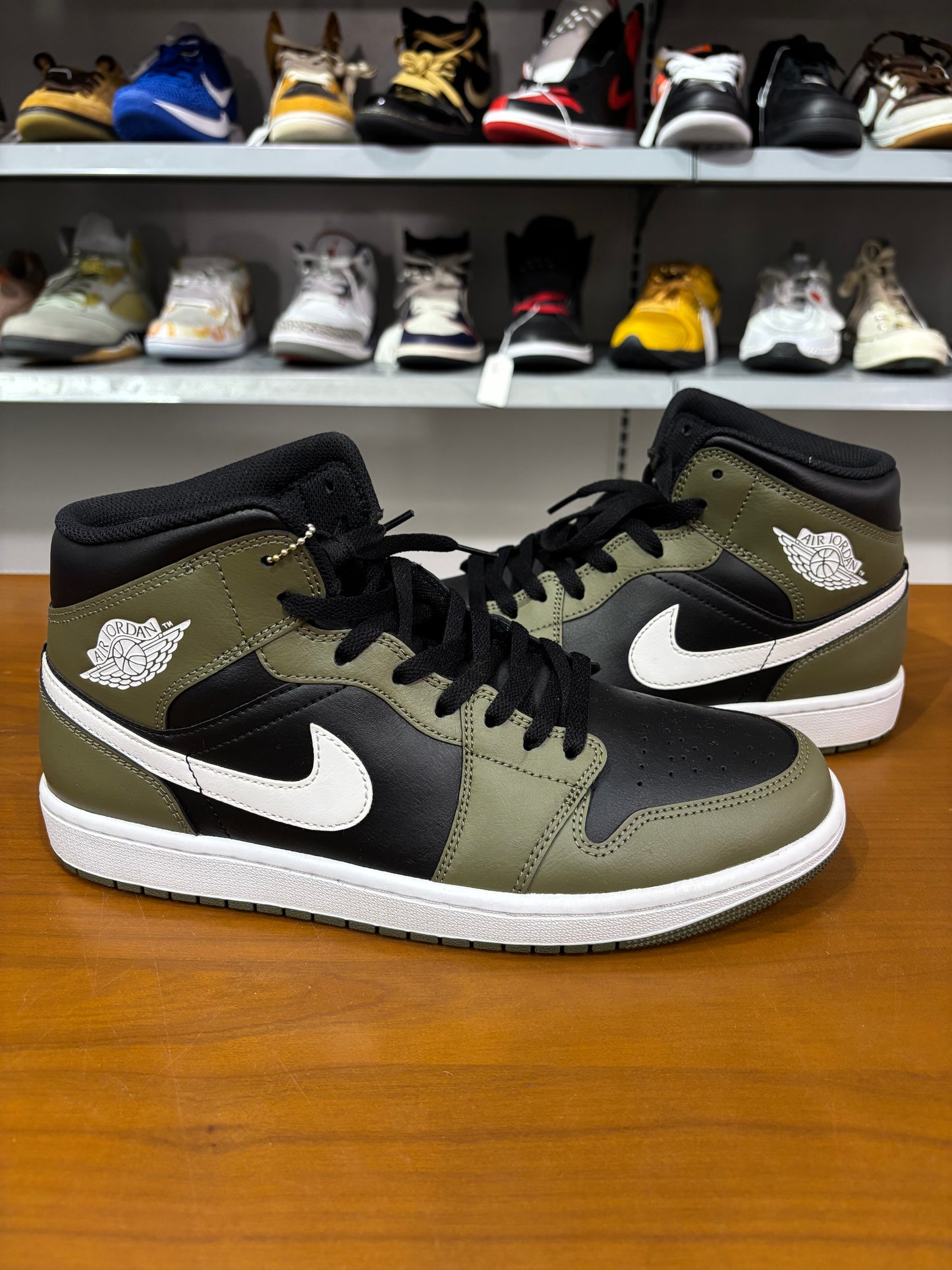 Preowned Air Jordan 1 Mid Black White Olive