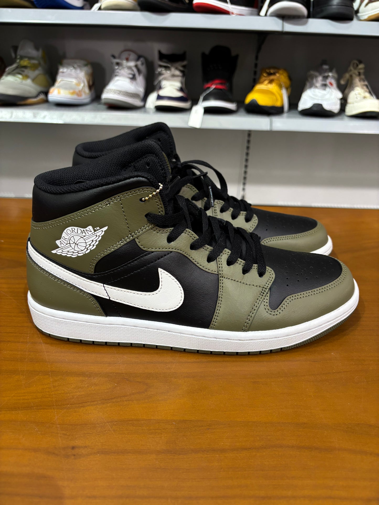 Preowned Air Jordan 1 Mid Black White Olive