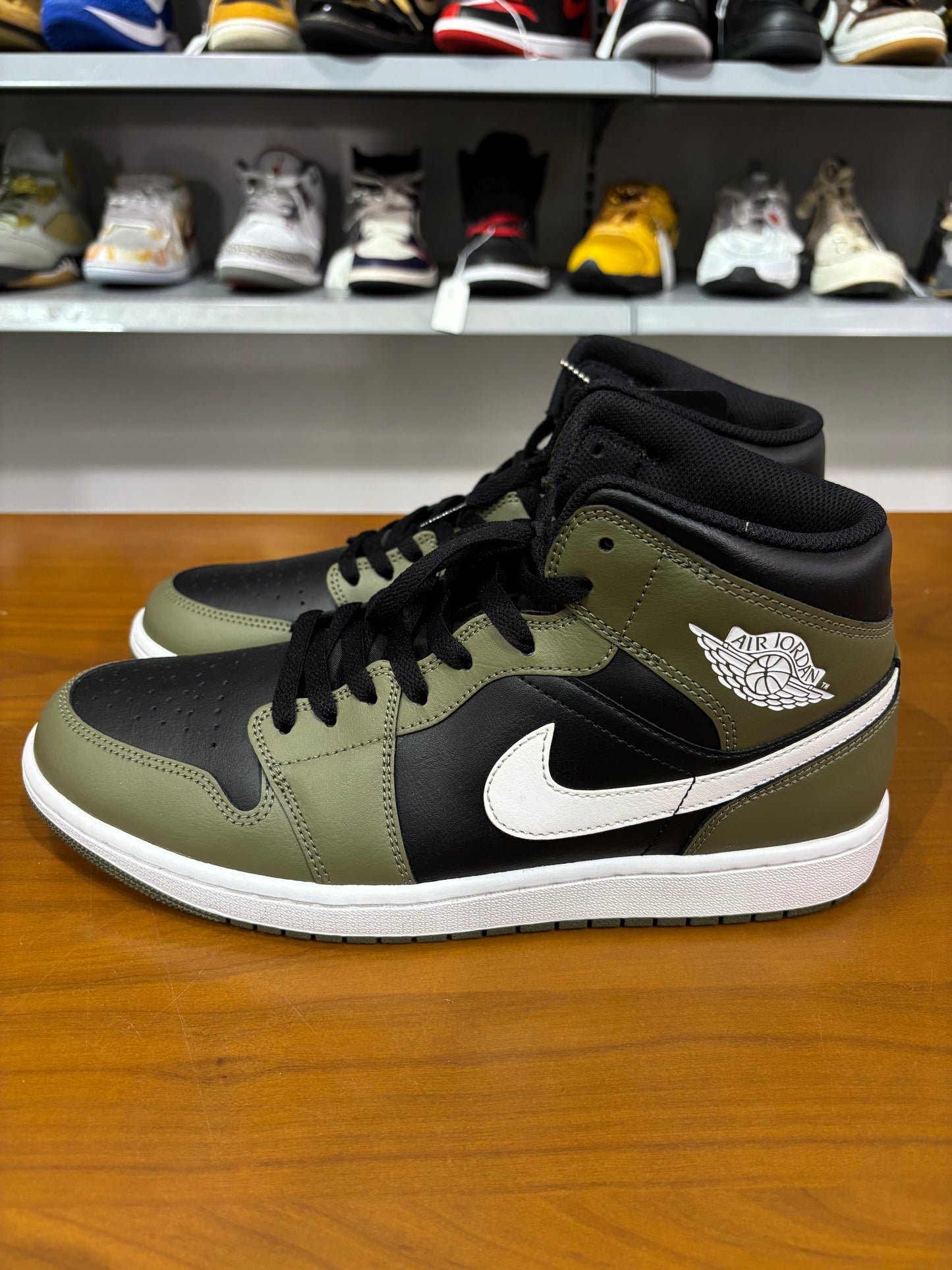 Preowned Air Jordan 1 Mid Black White Olive