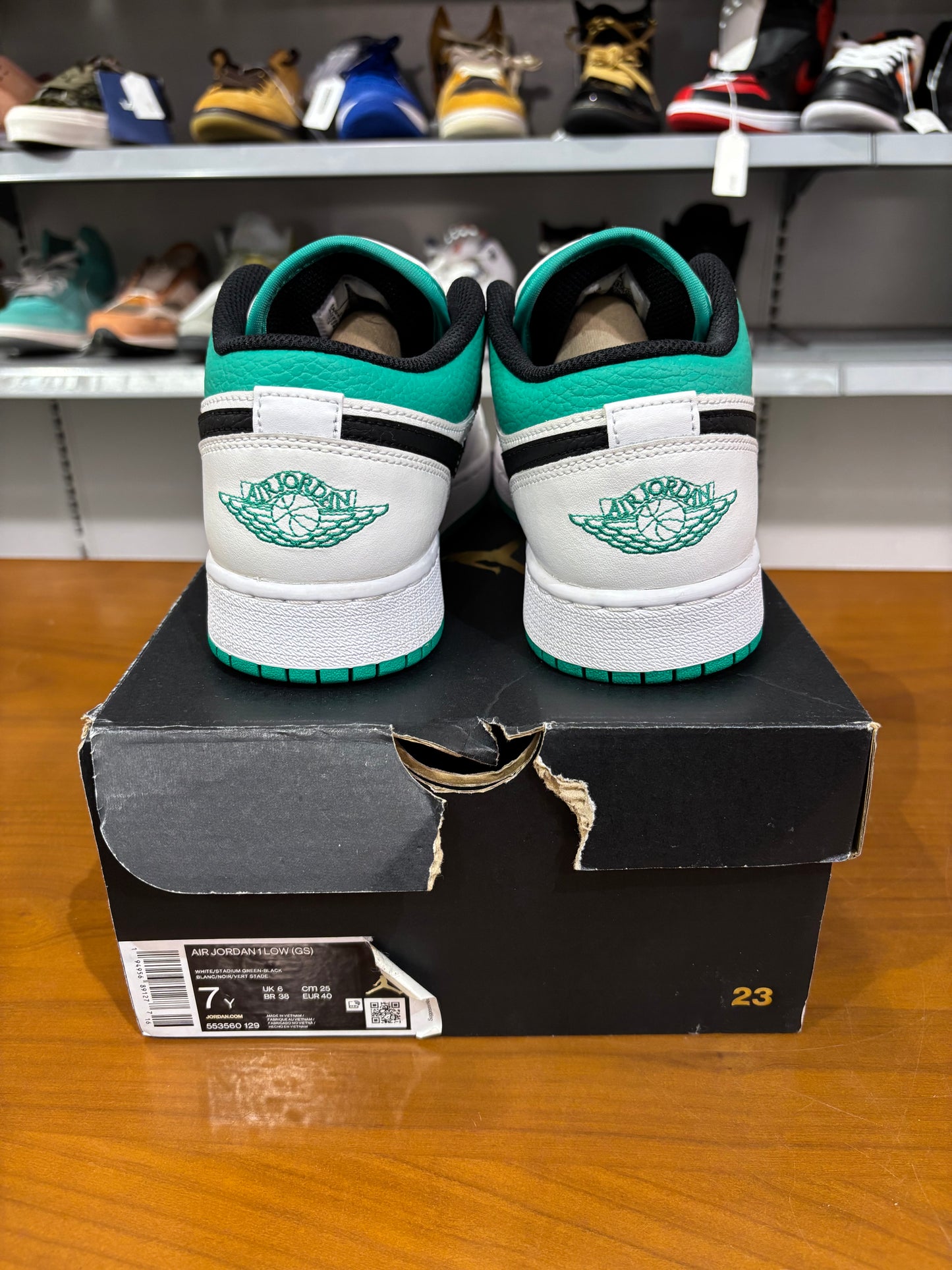 Preowned Air Jordan 1 Low White Lucky Green Tumbled Leather