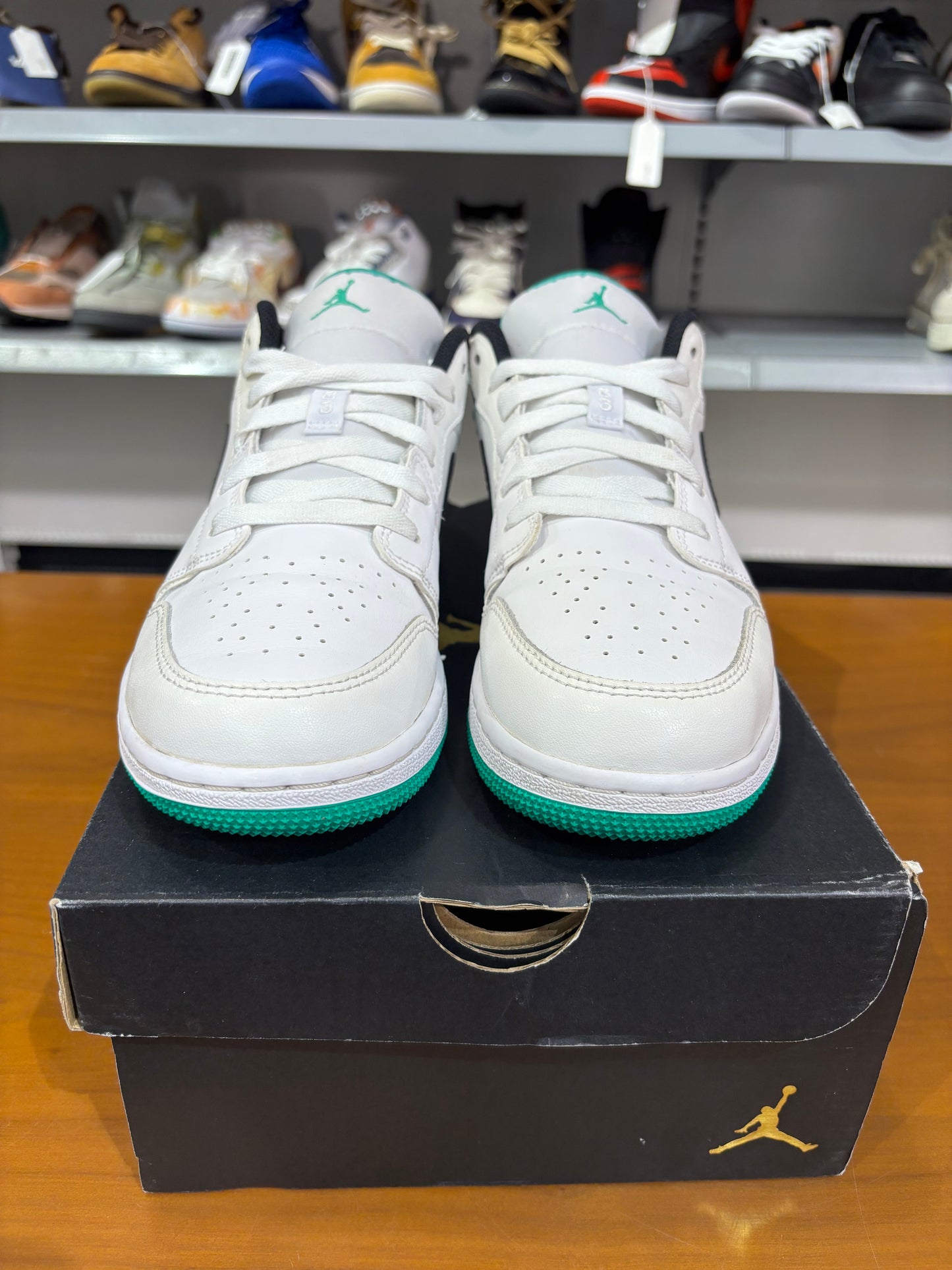 Preowned Air Jordan 1 Low White Lucky Green Tumbled Leather