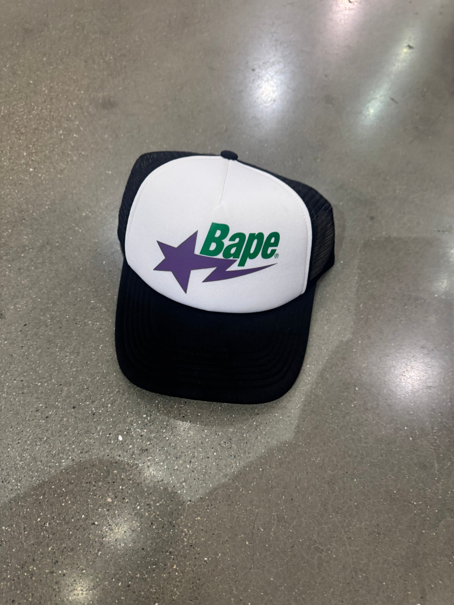 Preowned Bape Trucker Hat Green Purple