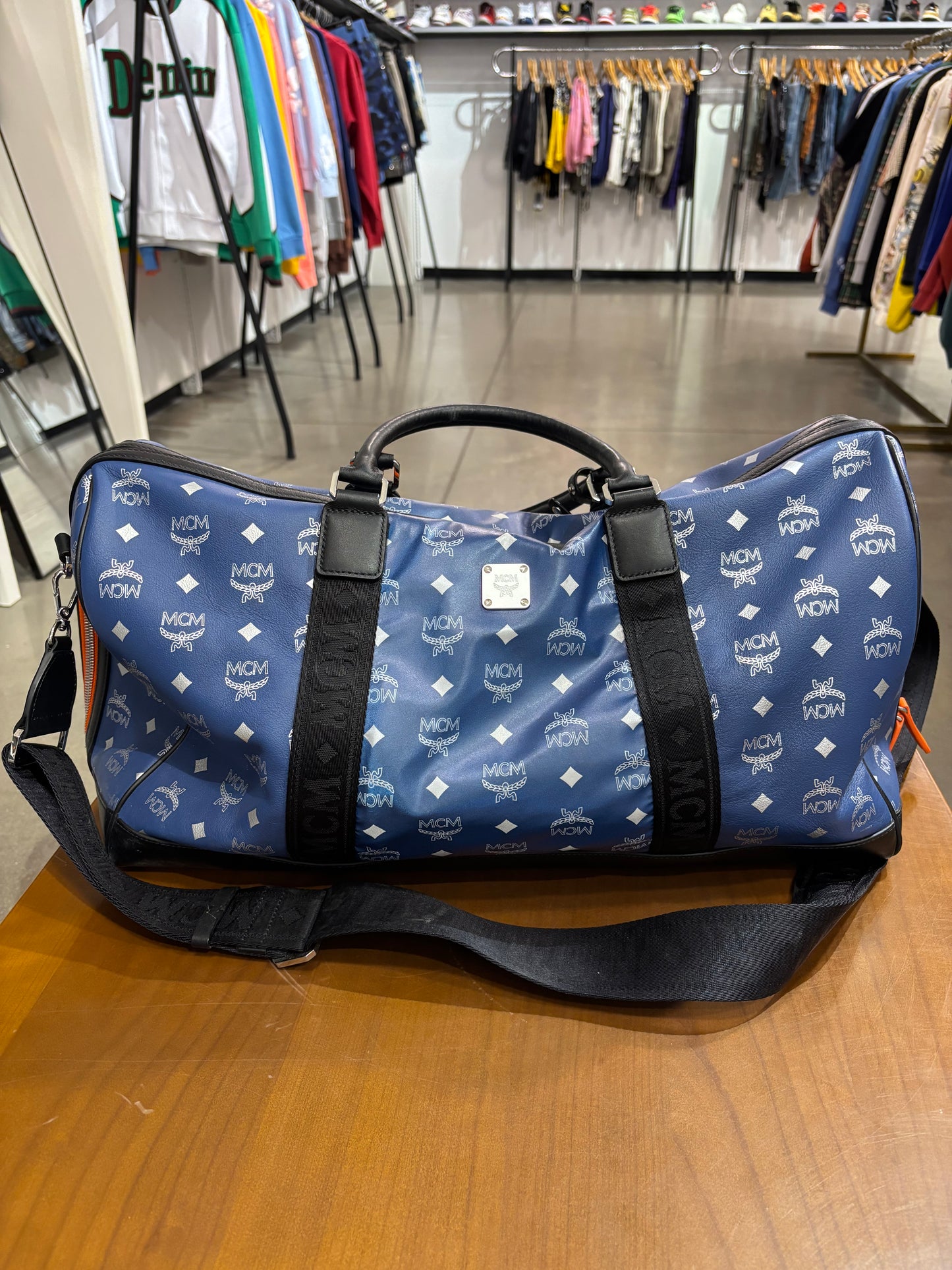 Preowned MCM Resnick Blue Leather Reflective Nylon Duffle