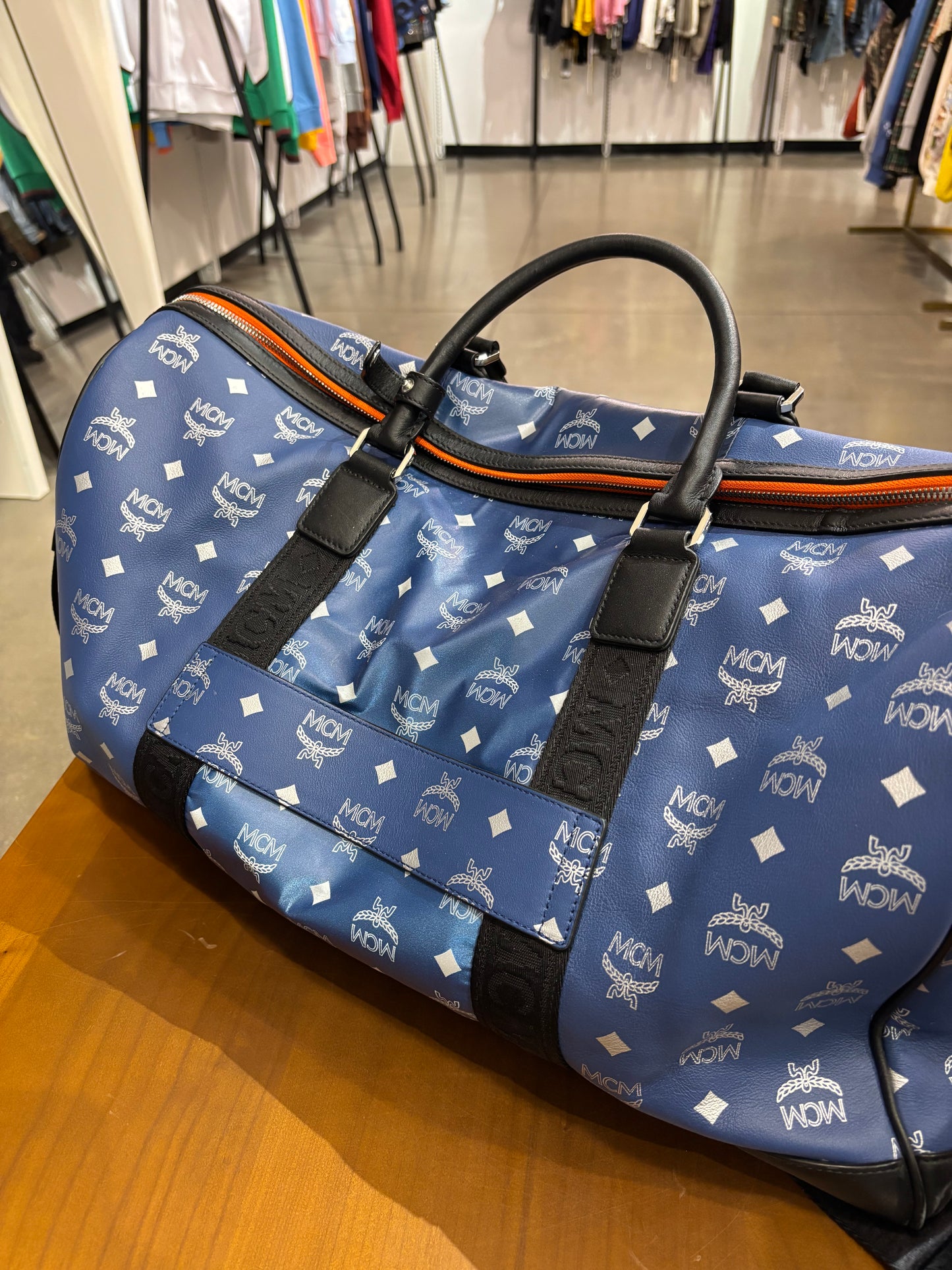 Preowned MCM Resnick Blue Leather Reflective Nylon Duffle