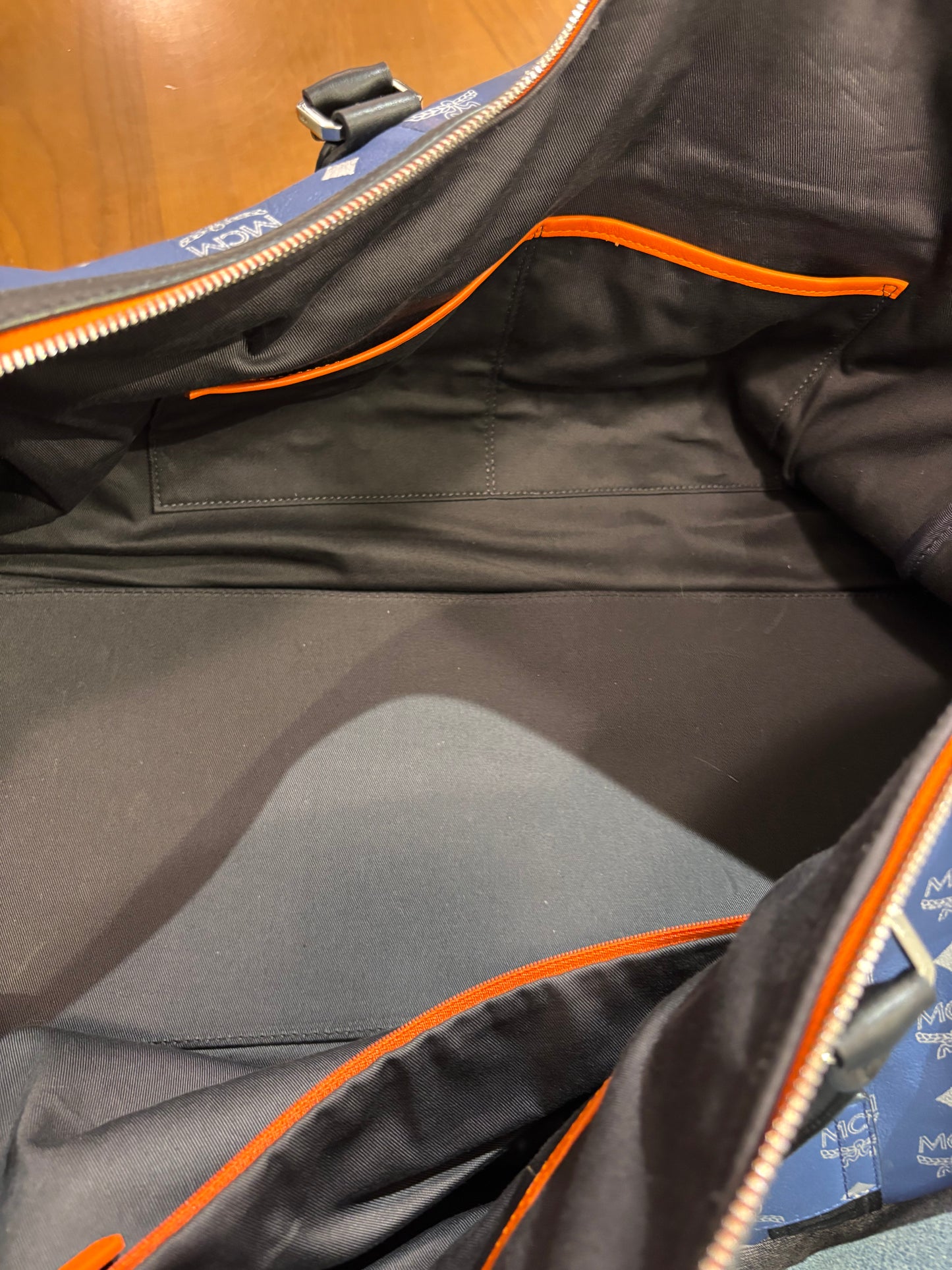 Preowned MCM Resnick Blue Leather Reflective Nylon Duffle