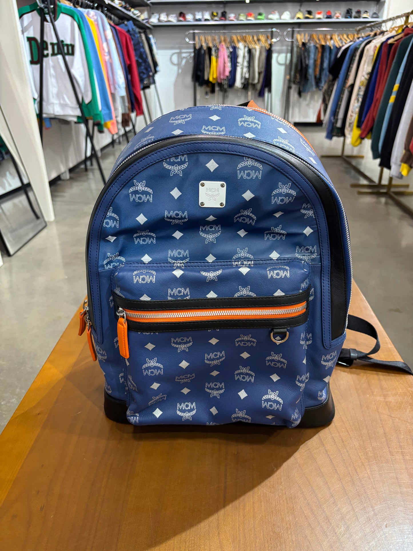 Preowned MCM Resnick Blue Leather Reflective Nylon Backpack