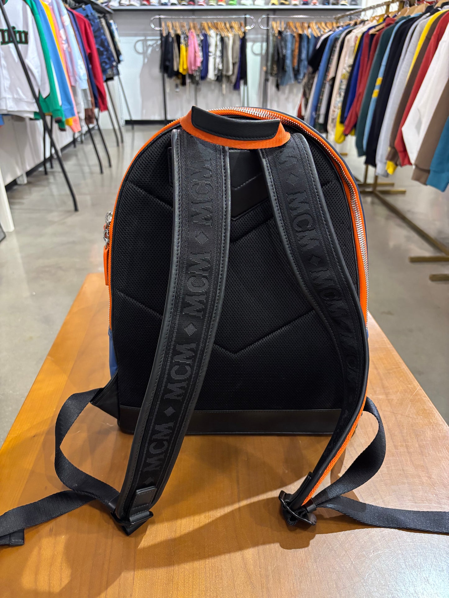 Preowned MCM Resnick Blue Leather Reflective Nylon Backpack