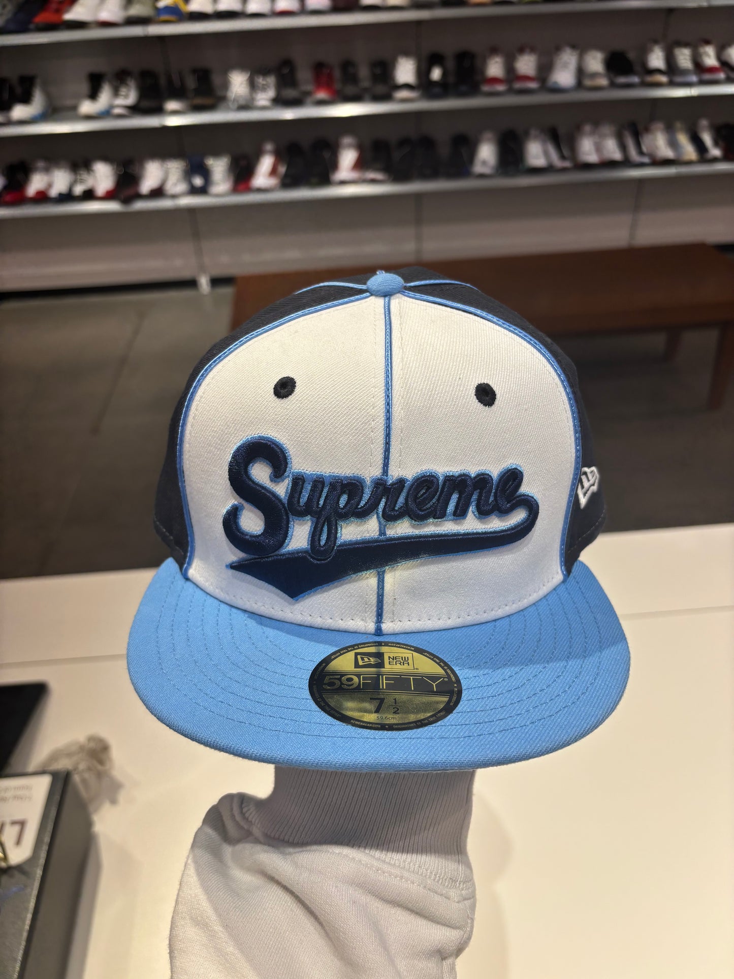 Preowned Supreme New Era Piping Script Logo Cap Navy
