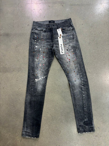 Preowned Purple Embellished Distressed Jeans Washed Black