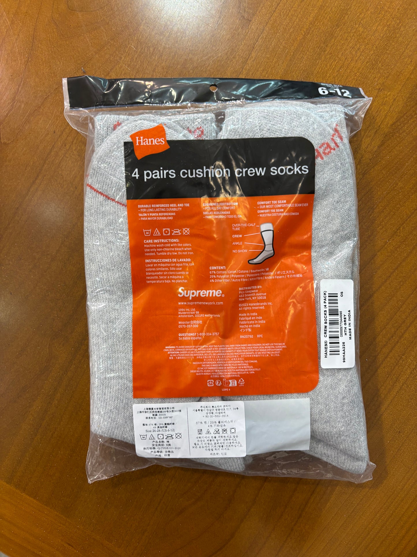 Supreme Hanes Crew Socks(4 Pack) Grey