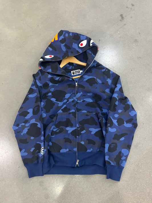 Preowned Bape Color Camo Shark Full Zip Hoodie Blue