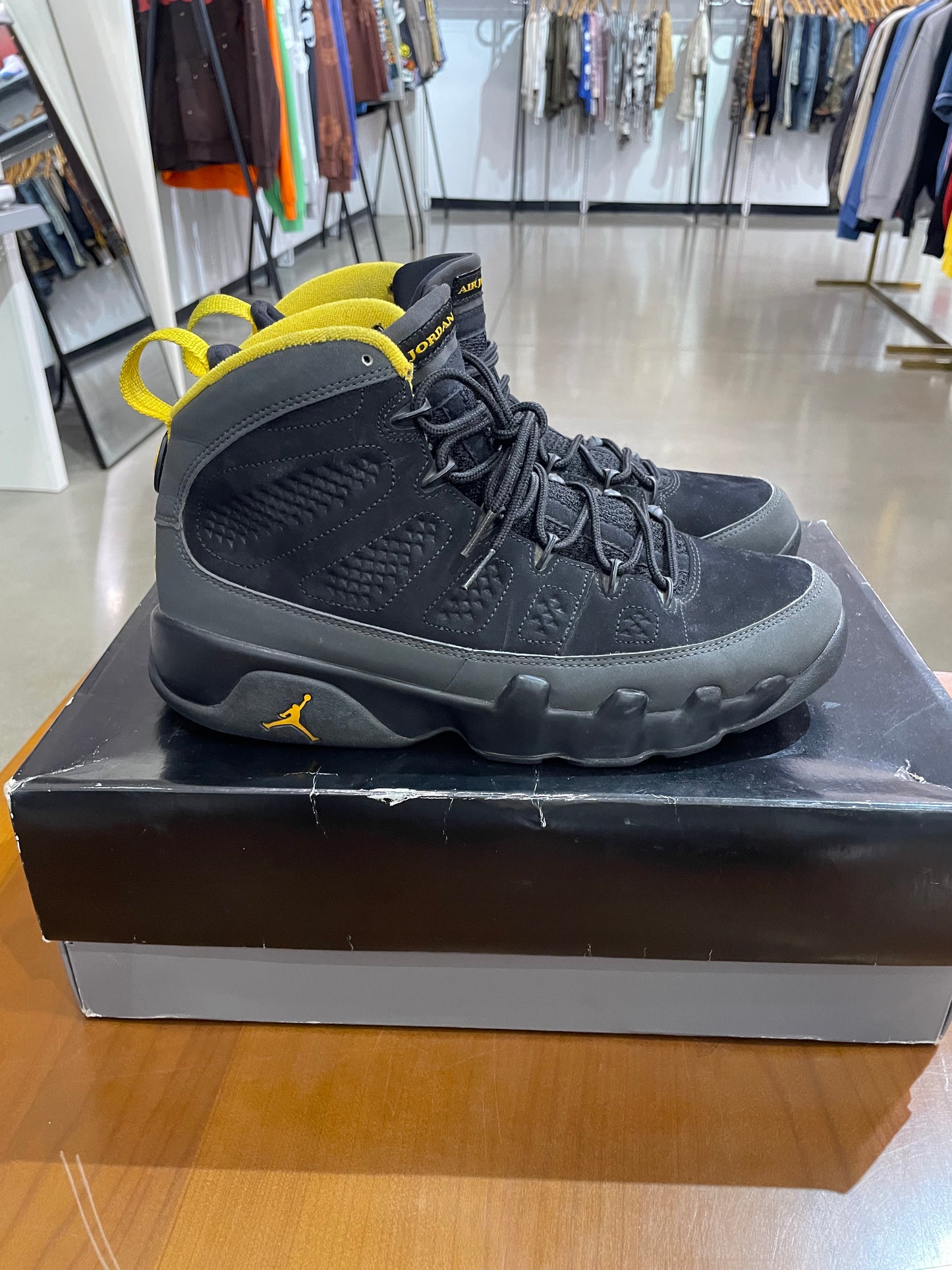 Preowned Air Jordan 9 Charcoal University Gold
