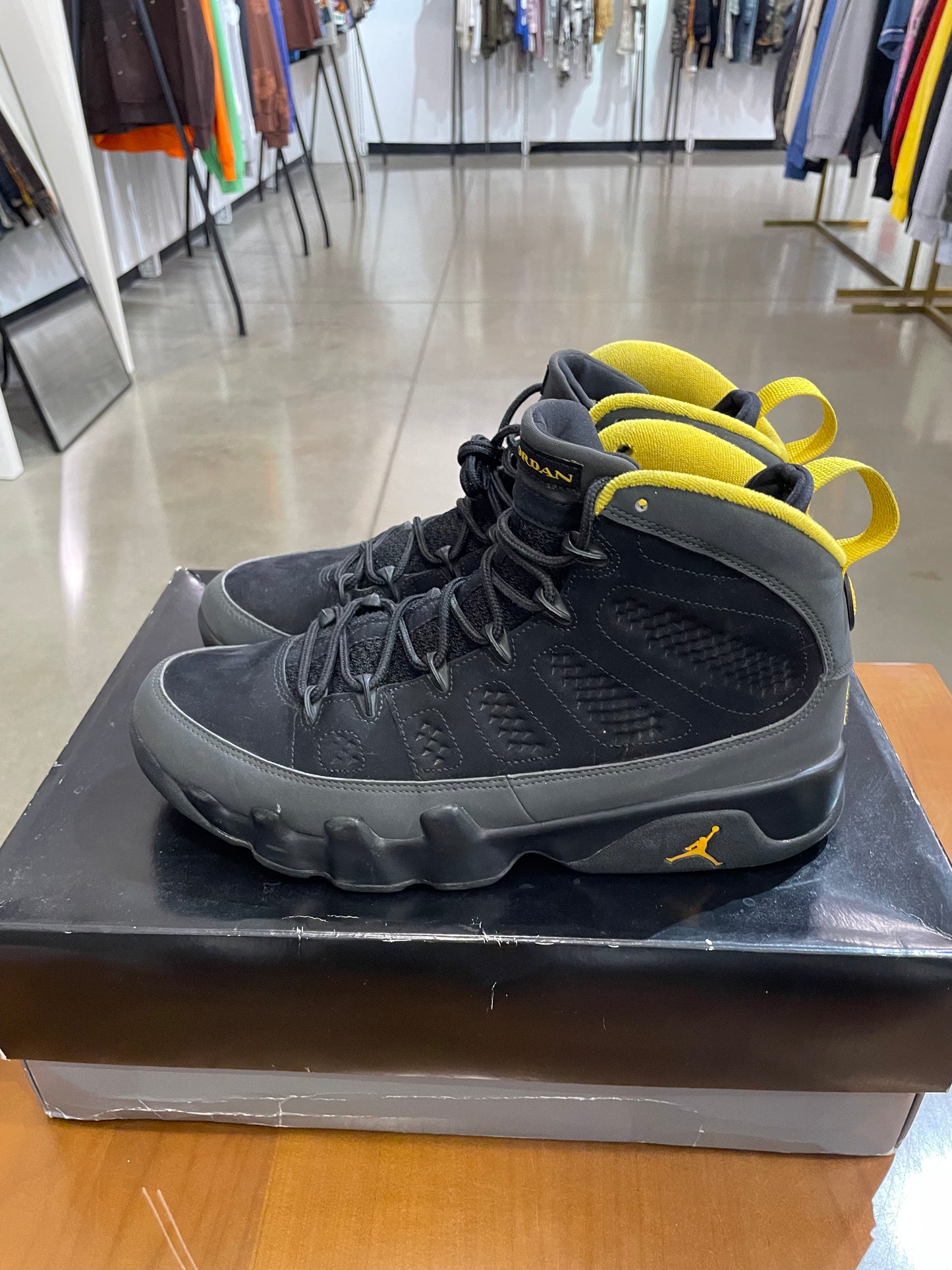 Preowned Air Jordan 9 Charcoal University Gold